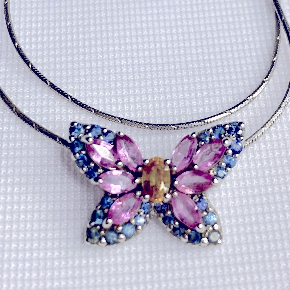 *SOLD* .925 16” Italian Silver Chain Multi Colored Sapphire Butterfly Pendant